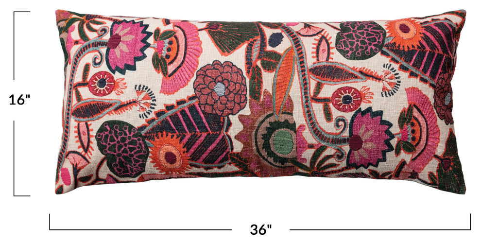 36" Cotton Slub Embroidered Lumbar Pillow, Florals, Chambray Back, Multicolor