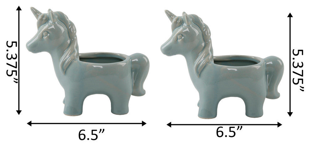 Set Of 2 Ceramic Unicorn Pot, Teal