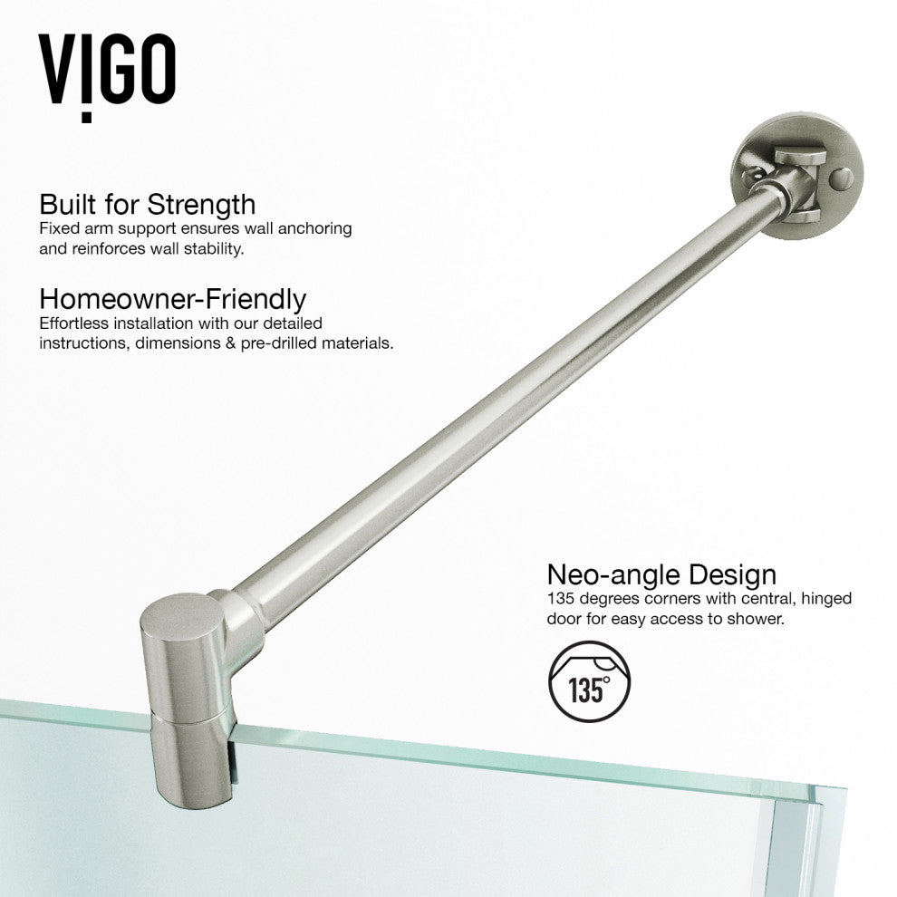 VIGO Verona Frameless Hinged Neo-Angle Shower Enclosure, Brushed Nickel, 40" D X 40" W, High Base