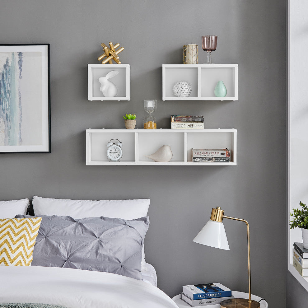 Danya B. Bauhaus Floating Geometric Cubby Wall Shelves Set of 3 Sizes, White