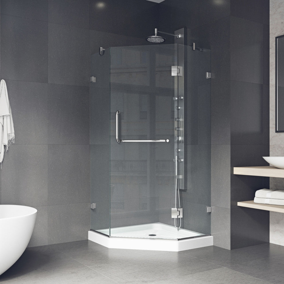 VIGO Piedmont Frameless Hinged Neo-Angle Shower Enclosure, Chrome, 38" D X 38" W, Low Base