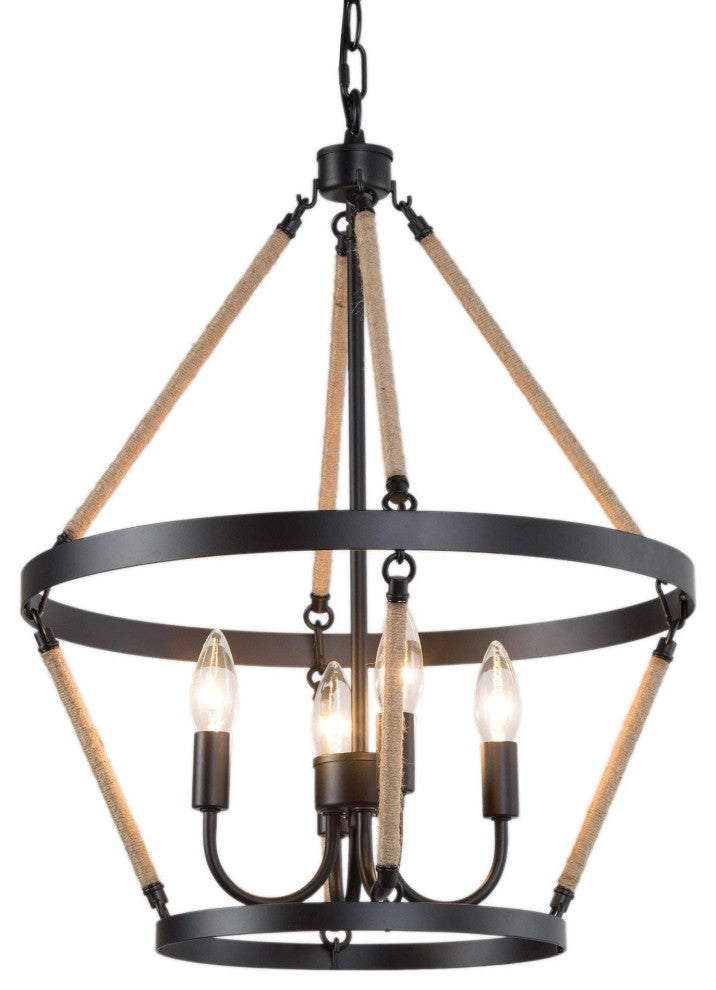 4-Lights Hemp Rope Tiered and Matte Black Modern/Farmhouse LED Chandelier