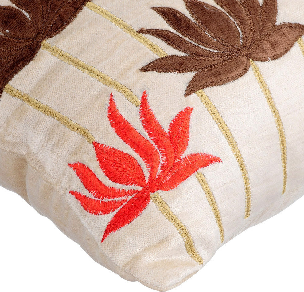Velvet Sofa Pillow Covers Ivory & White 20"x20" Lotus Embroidery, Lotus Mandala