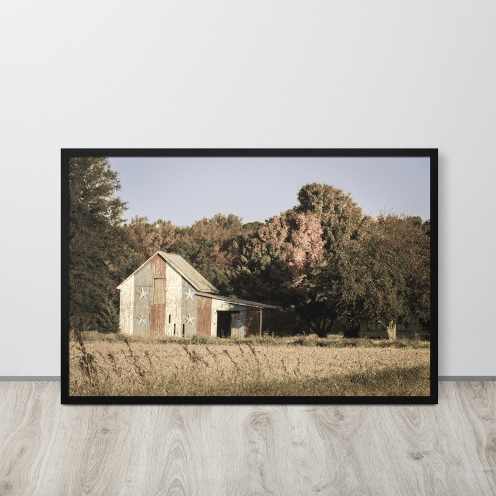 Patriotic Barn in Field Aged Effect Framed Photo Paper Wall Art Prints, Black, 24" X 36"