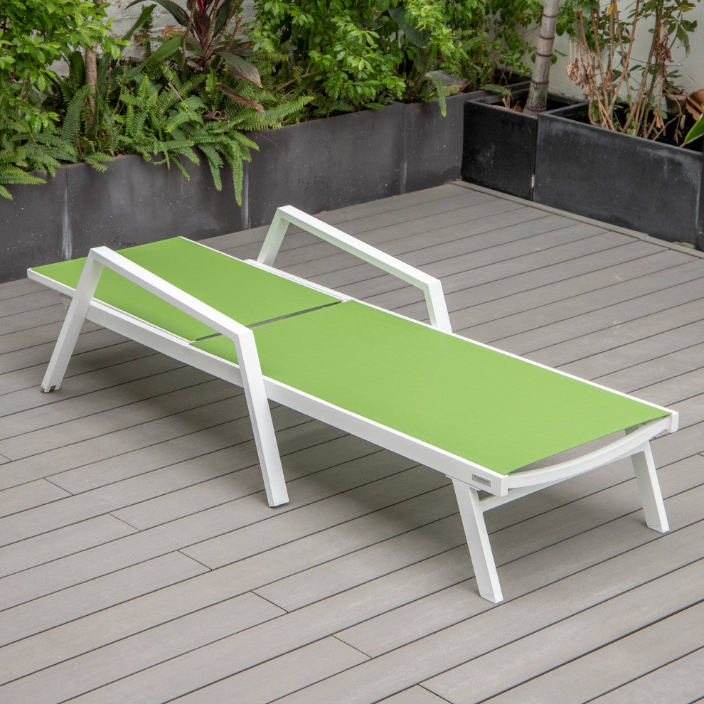 LeisureMod Marlin Patio Chaise Lounge Chair With Arms White Frame, Green