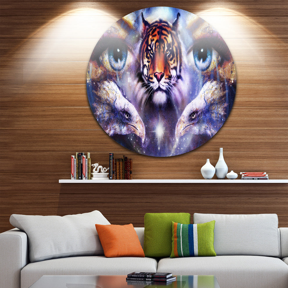 Tiger With Woman Eyes, Abstract Animal Disc Metal Artwork, 23"