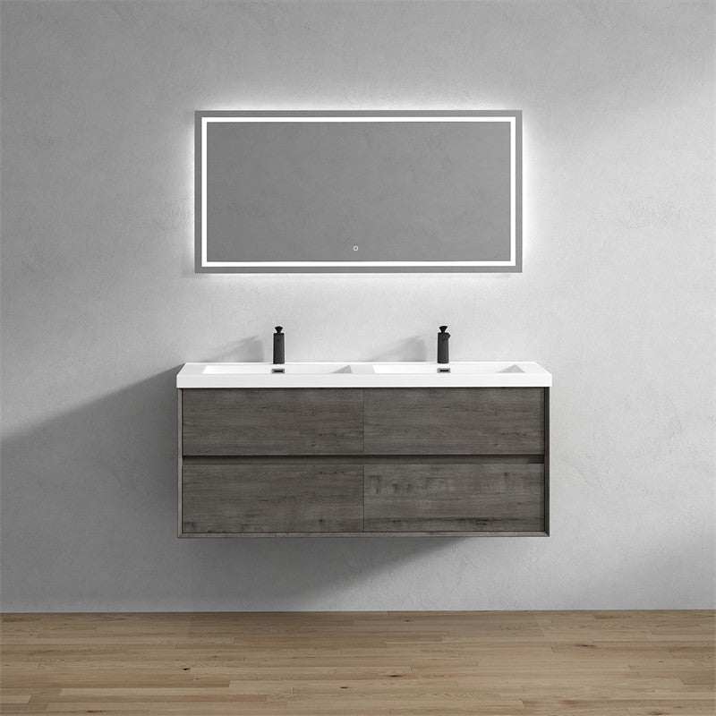 Ashley 60'' Floating Vanity, Acrylic Top, Double Sink, Smoke Oak