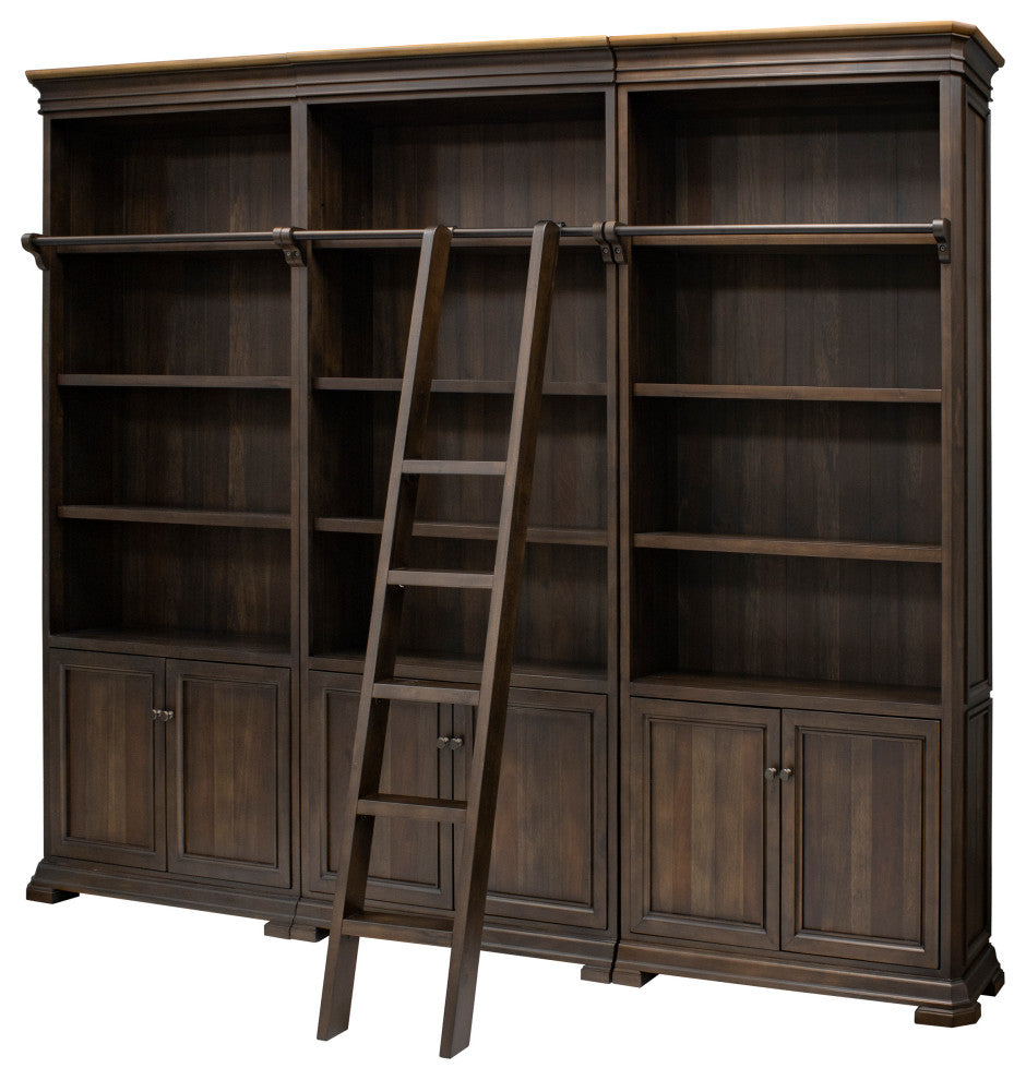 Executive Bookcase Wall With Wood Ladder, Fully Assembled, Brown