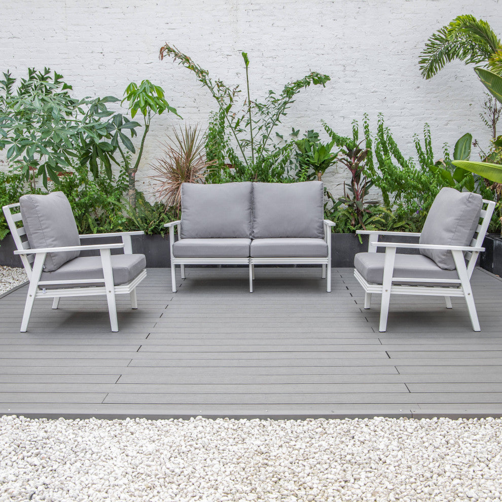 LeisureMod Walbrooke 3-Piece Patio Set With White Aluminum Frame and Cushions, Grey
