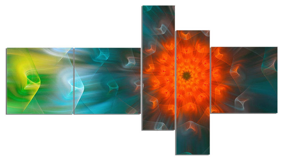 Multi Color Fractal Petals Dandelion, Floral Canvas Art Print, 60"x32", 5 panels