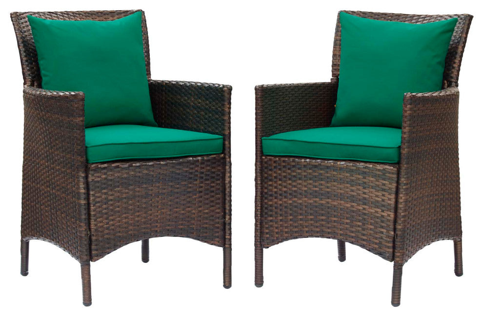 Side Dining Chair Armchair, Set of 2, Rattan, Wicker, Brown Green, Outdoor