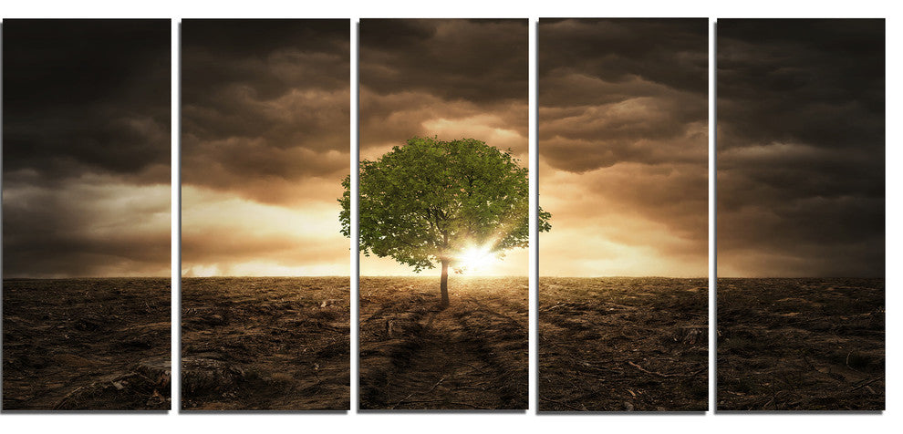 "Lonely Tree Under Dramatic Sky" Wall Art Landscape, 5 Panels, 60"x28"