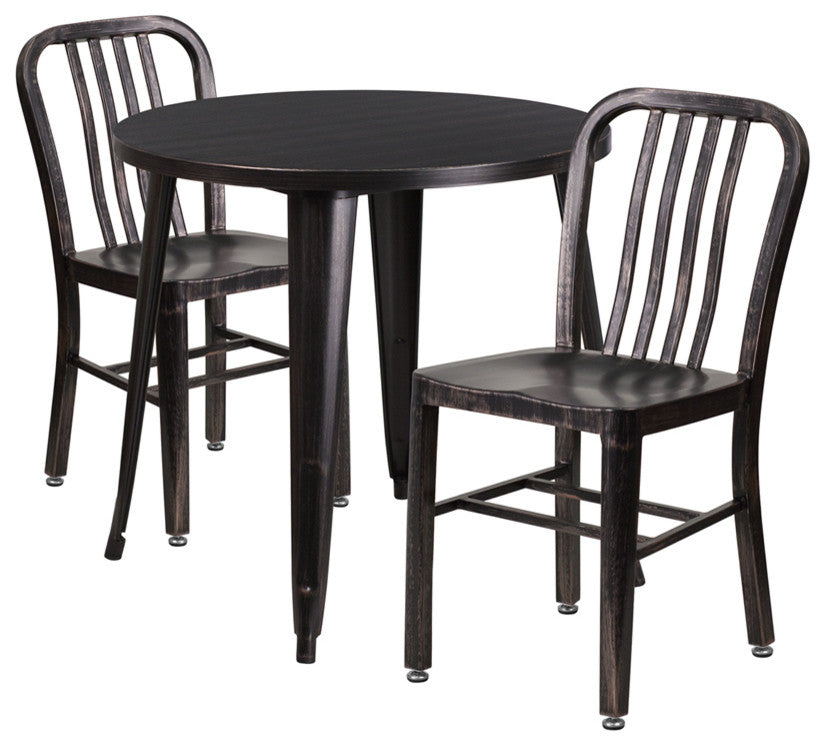 30'' Round Black-Antique Gold Metal Indoor-Outdoor Table and 2 Slat Back Chairs