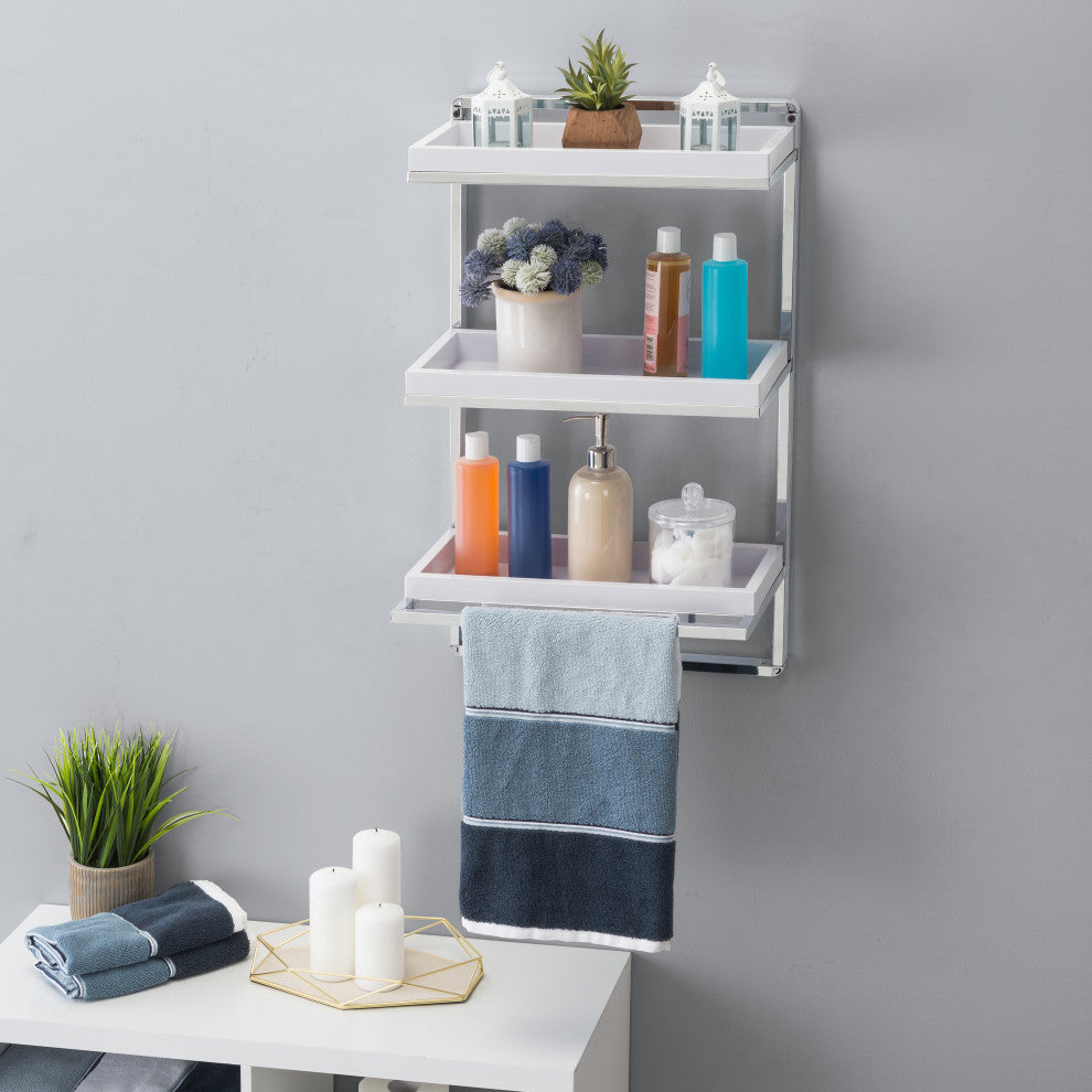 Wall Mount 3-Tier Bathroom Shelf With Towel Bar and Removable Trays