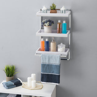 Wall Mount 3-Tier Bathroom Shelf With Towel Bar and Removable Trays