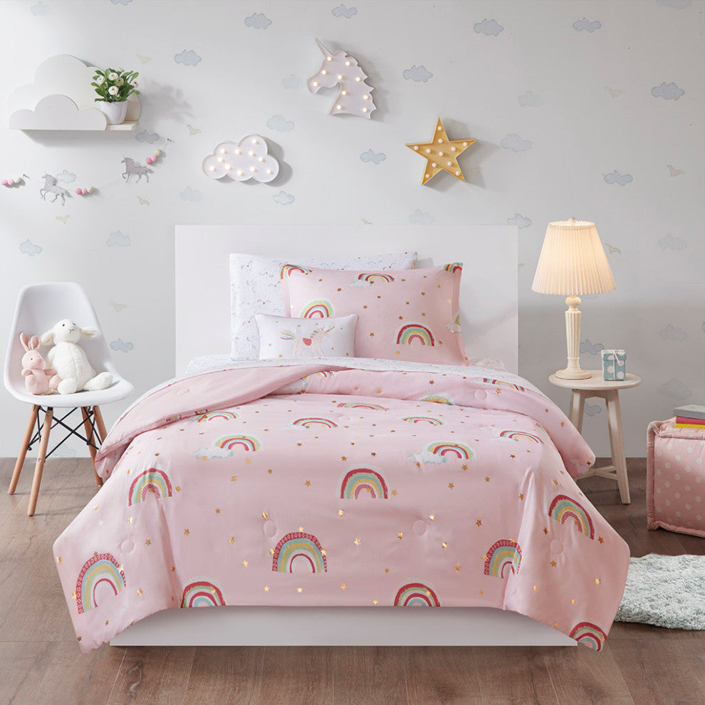 Mi Zone Kids Alicia Unicorn Gold Stars Complete Comforter and Sheet Set, Twin, C