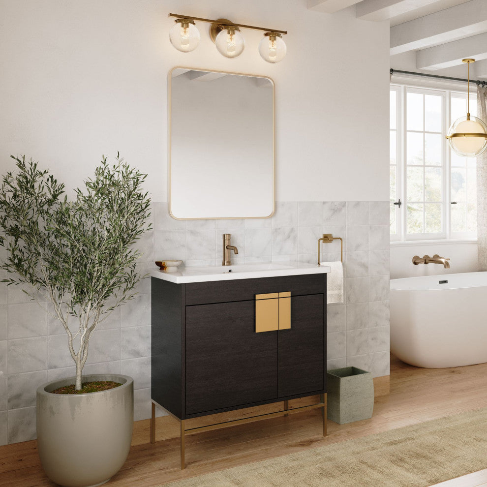 Lockhart Bath Vanity, Black Oak, 30", Satin Brass Hardware, Single Sink, Freestanding