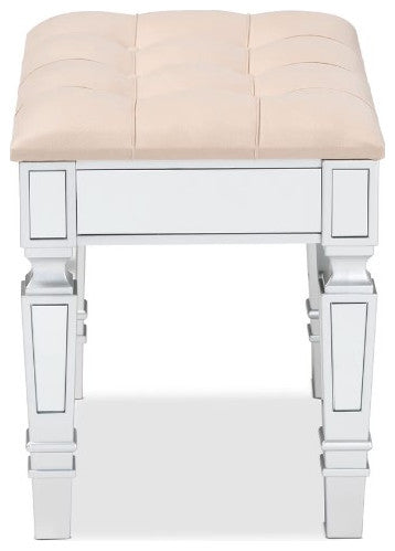 Modern Glam and Luxe Beige Fabric Upholestred Silver Finished Wood Ottoman