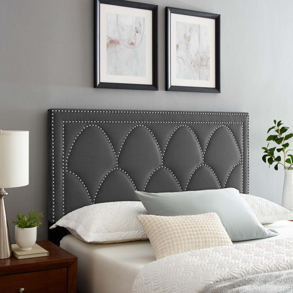 Headboard, Nailhead, Twin Size, Charcoal Gray, Velvet, Modern, Guest Suite