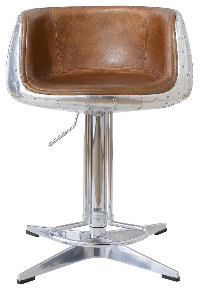 Aviator Adjustable Height Bar Stool, Leather and Metal