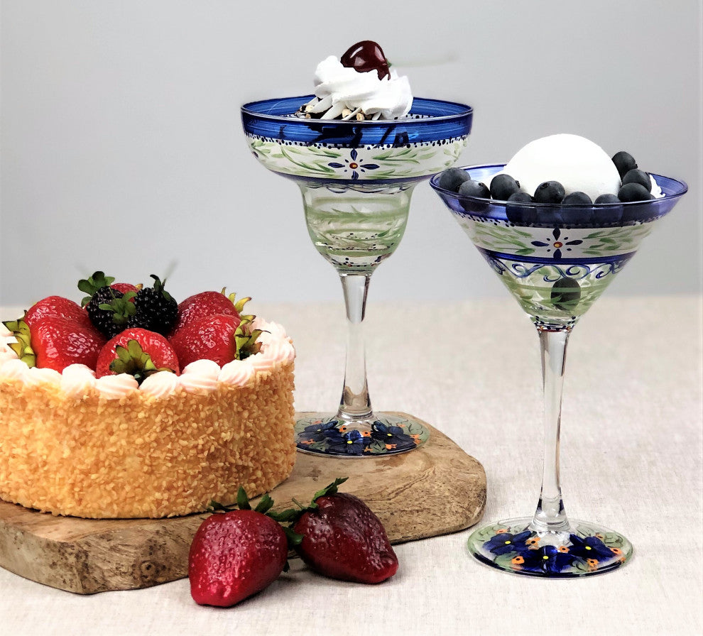 Blue Floral Margarita Glasses, Set of 2