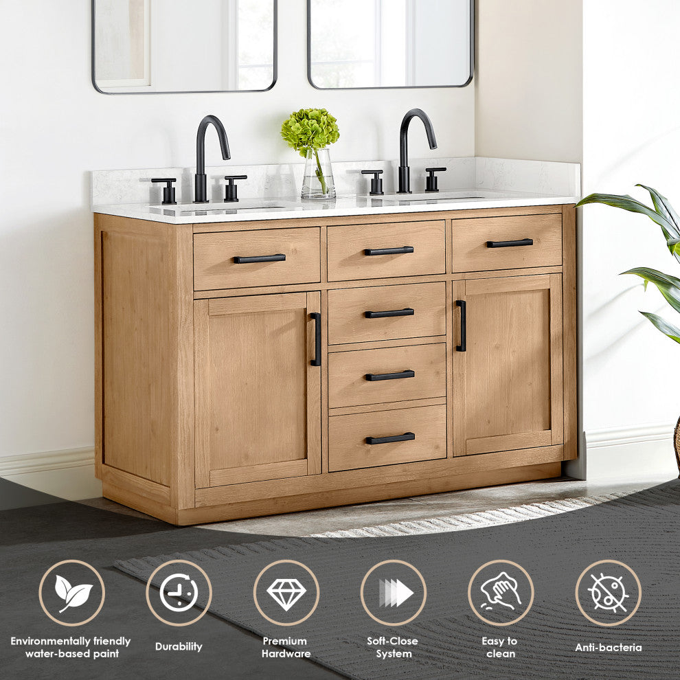 Gavino Vanity With Grain White Composite Stone Top, Light Brown/Matte Black, 54", With Mirror
