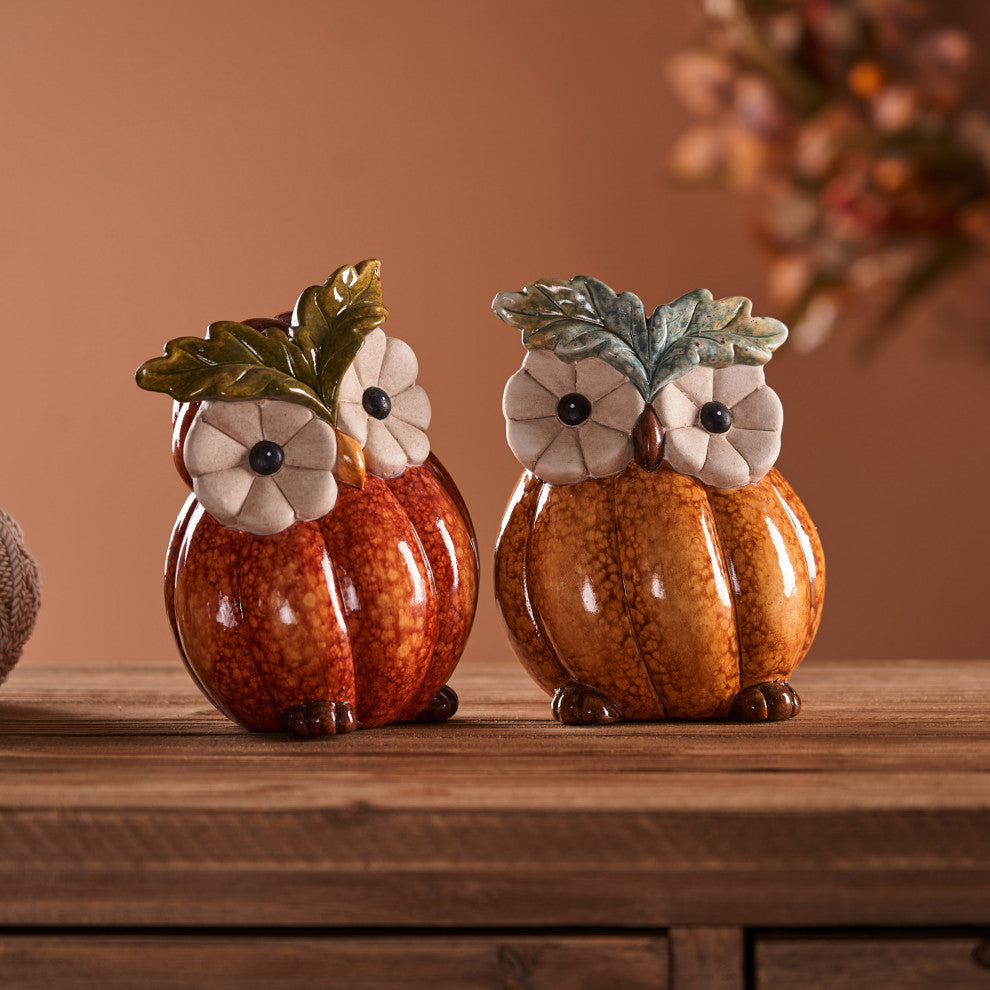 Terra Cotta Pumpkin Owl Figurine, Set of 2