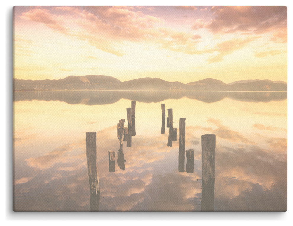 Sunset Pillars and Reflections on Lake Landscape Photo Canvas Wall Art Prints, 12" X 16"