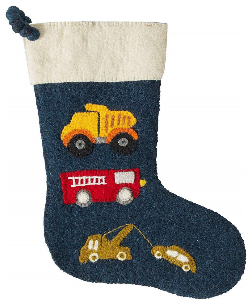 Trucks on Navy Christmas Stocking, Hand Felted Wool