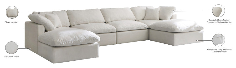 Plush Velvet / Down Standard Comfort 6-Piece U-Shaped Modular Sectional, Cream