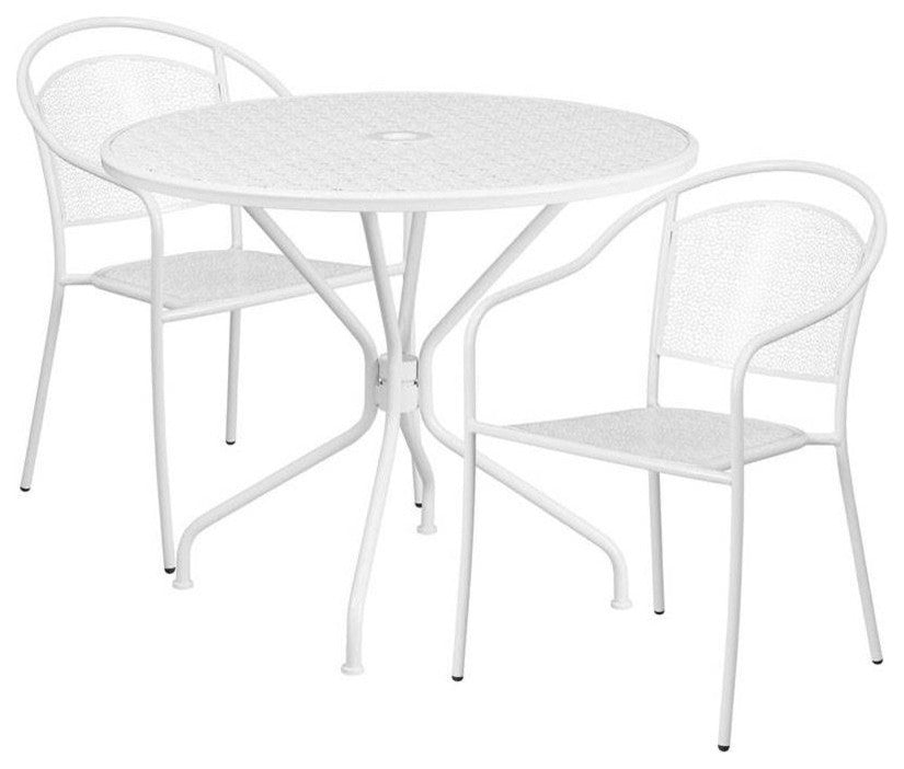 35.25" Round White Indoor-Outdoor Steel Patio Table Set with 2 Round Back Chairs