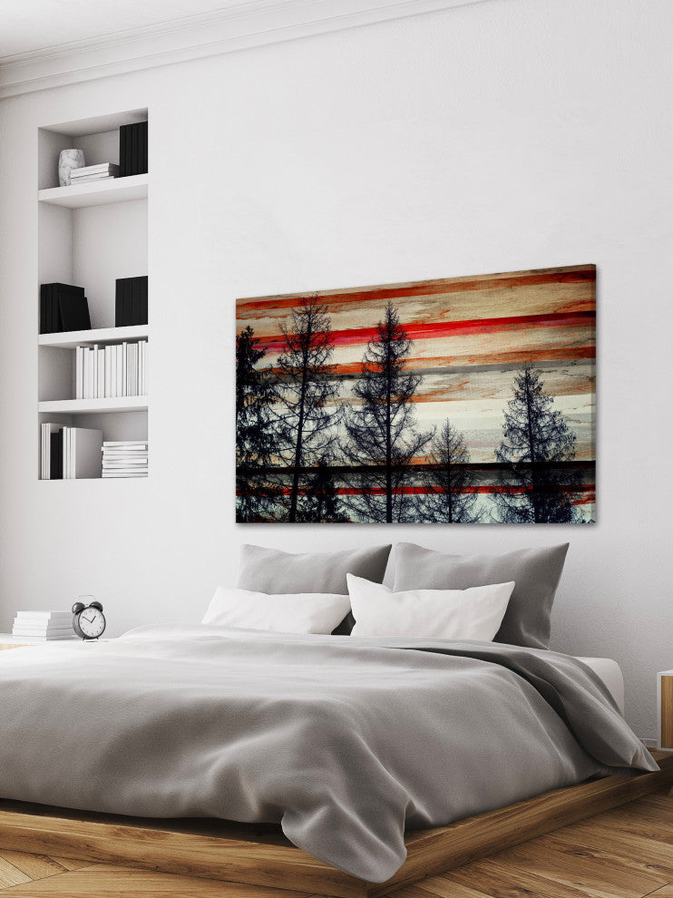 "Trees Against Red Striped Sky" Fine Art Canvas Print, 30"x20"