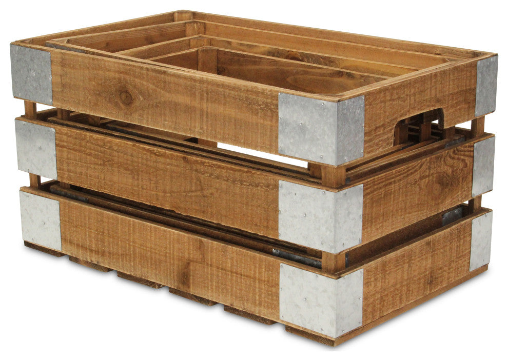 Set Of 4 Natural Brown Crate With Metal Accent And Studs
