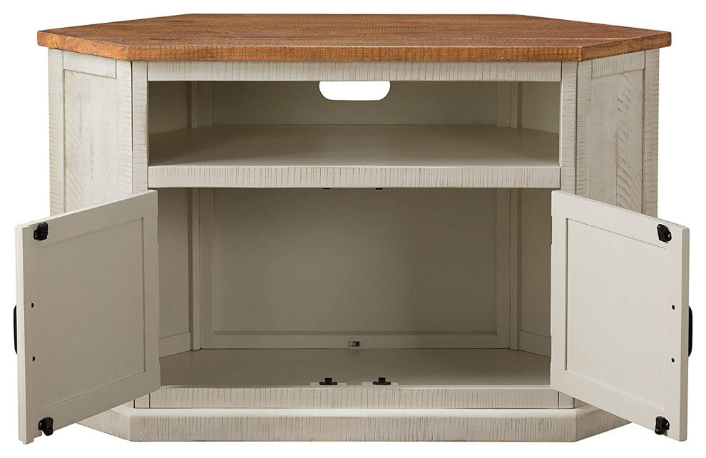 Rustic Corner TV Stand, Pine Wood Frame and Honey Tobacco Top, Antique White