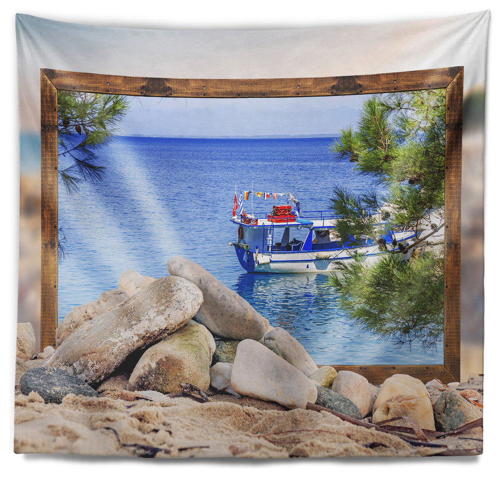 Framed Effect Boat in Ocean Seashore Wall Tapestry, 39"x32"