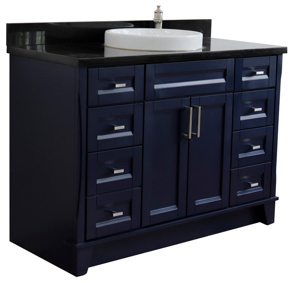 49" Single Sink Vanity, Blue Finish With Black Galaxy Granite And Round Sink