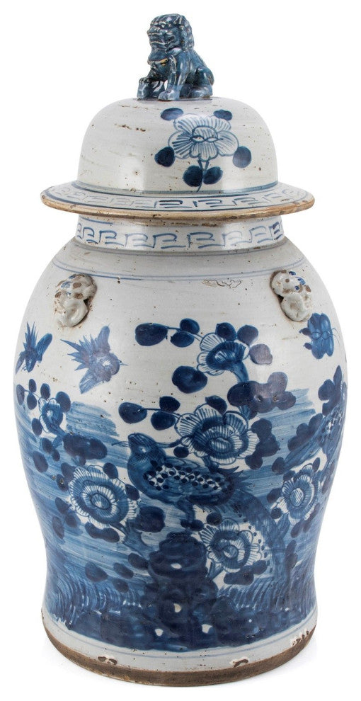 Vintage Temple Jar Flower Bird Motif, Large