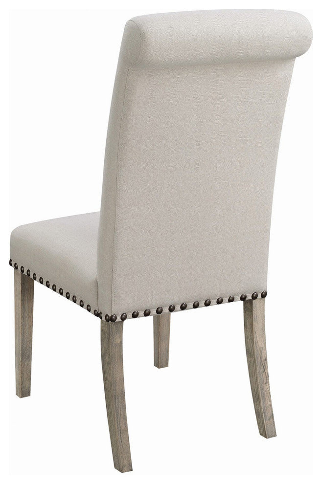 Set of 2 Dining Chairs with Nailhead Trim, Beige and Pine