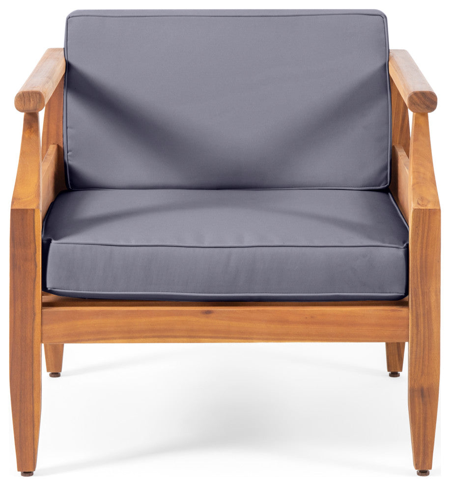 Bianca Outdoor Acacia Wood Club Chairs with Cushions, Teak + Dark Gray, Single