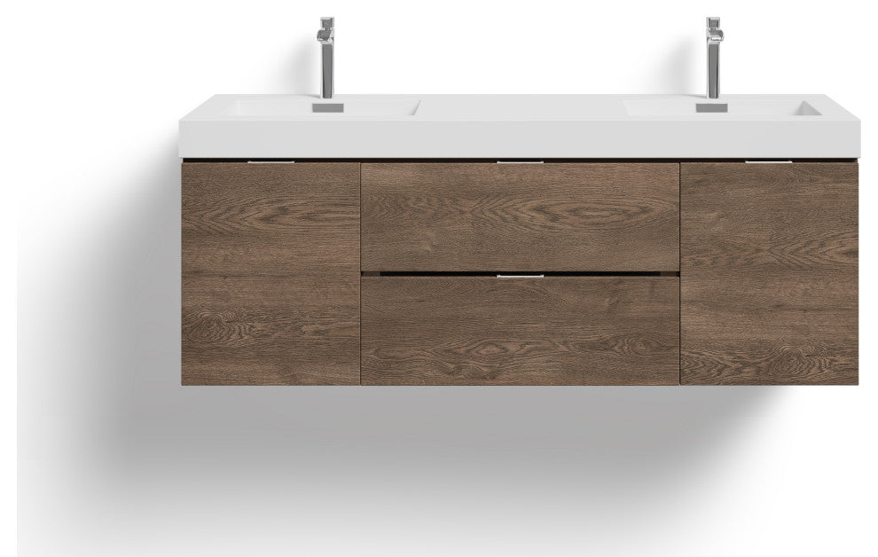 Boutique Bath Vanity, Butternut, 60", Double Sink, Wall Mount