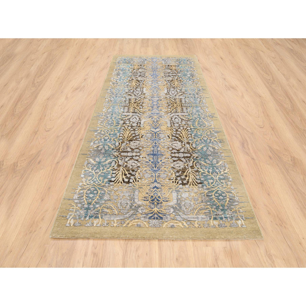 Honey Brown Hand Knotted Silk With Textured Wool Wide Runner Rug 4'2" x 10'0"