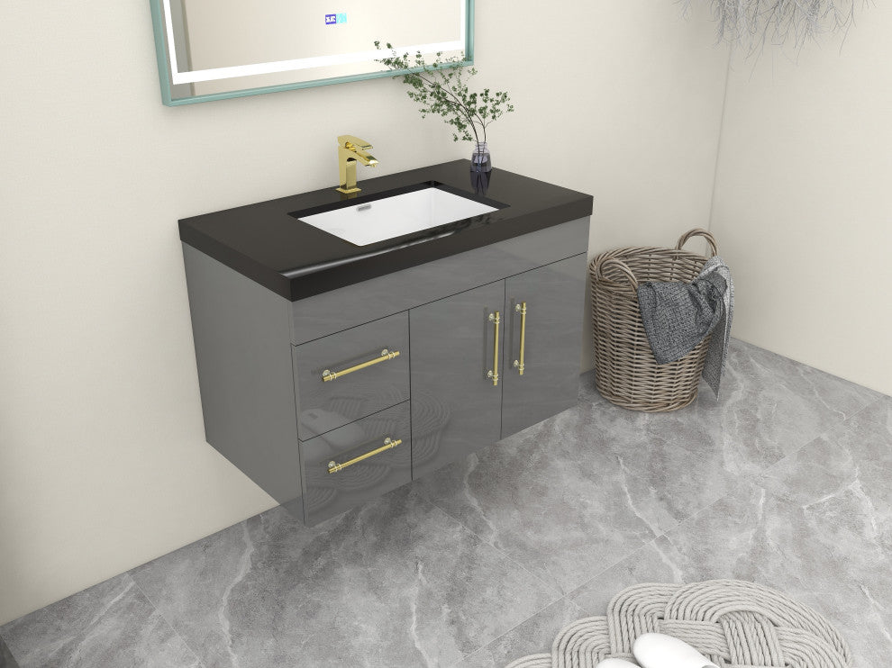 Rosa 36" Wall Mounted Modern Vanity, High Gloss Gray, Matt Black Top