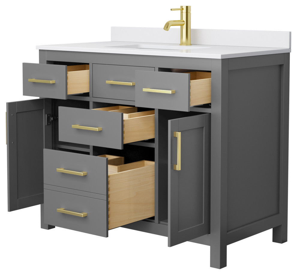 42" Single Bath Vanity Dark Gray, White Cult. Marble Countertop, Sink, Gold Trim
