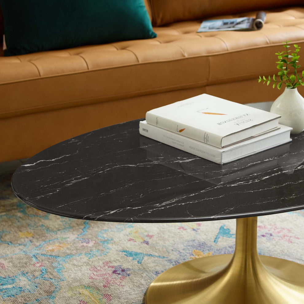 Coffee Table, Oval, Artificial Marble, Metal, Gold Black, Modern, Lounge