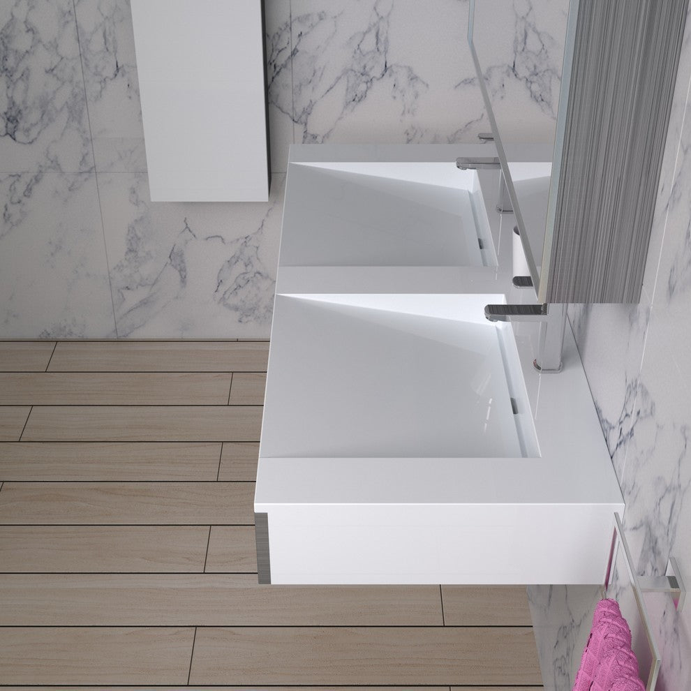 ADM Rectangular Wall Mounted Sink, White With Black Brush Panels, 47", Glossy Bl