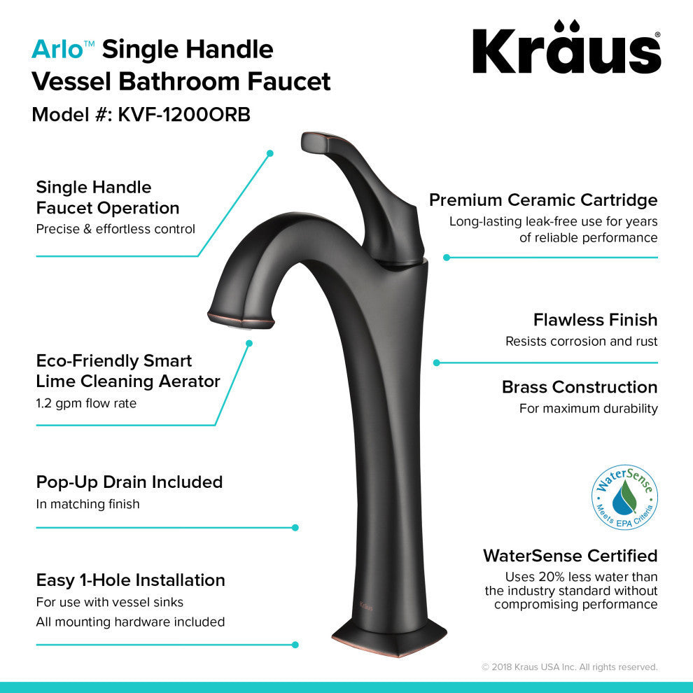 Glass Vessel Sink, Arlo Bathroom Faucet, PU Drain, Mounting Ring, Oil Rub Bronze