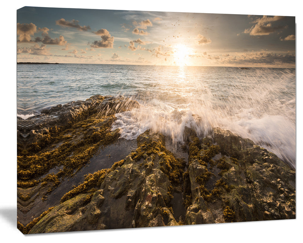 Sea Waves Impact on Rocky Shore, Beach Photo Canvas Print, 20"x12"