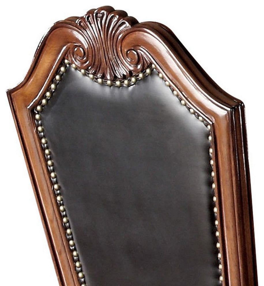 Benzara BM280261 28" Dining Chair, Nailhead Trim, Faux Leather, Set of 2, Brown