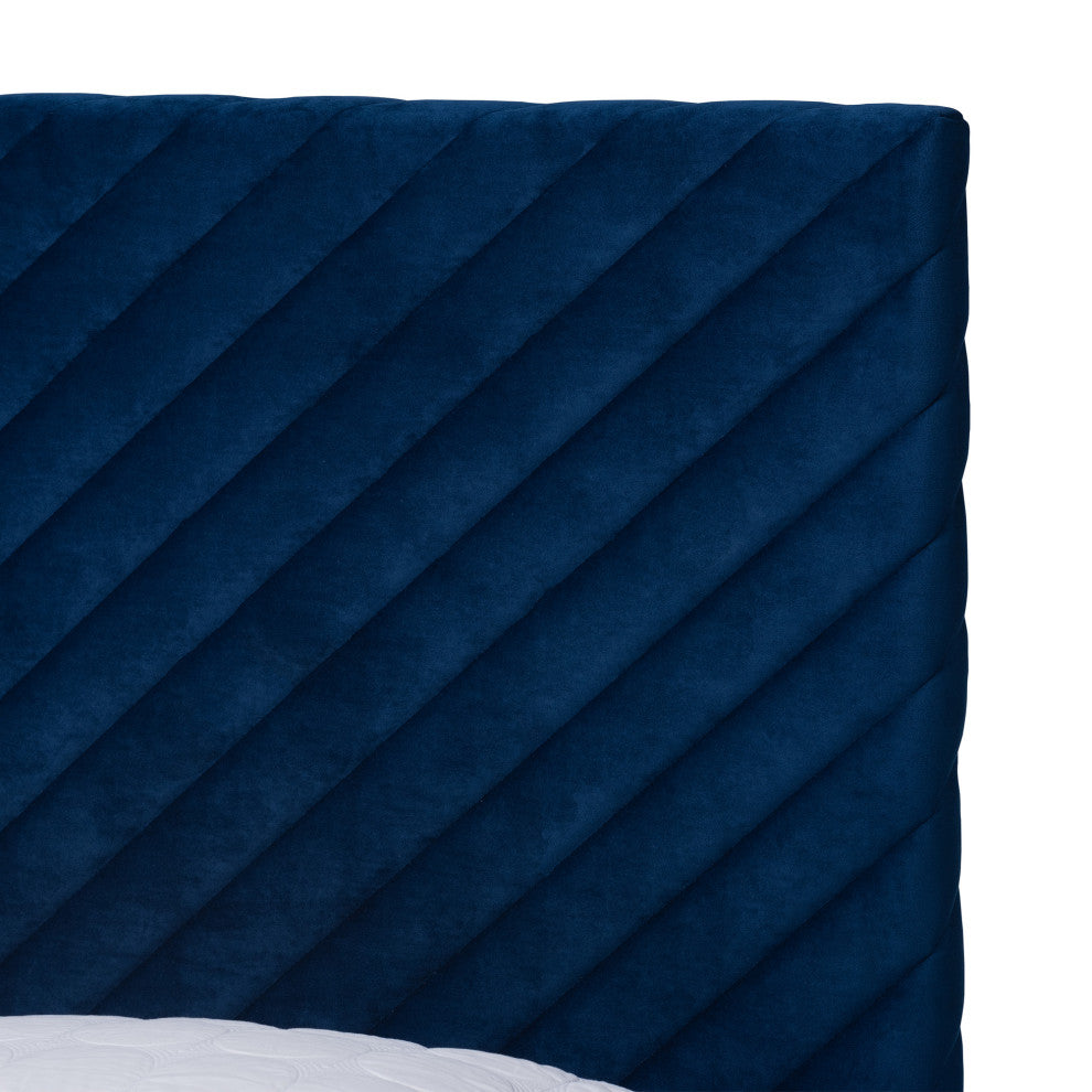 Sofi Glam and Luxe Velvet Upholstered Platform Bed, Navy Blue/Gold, King