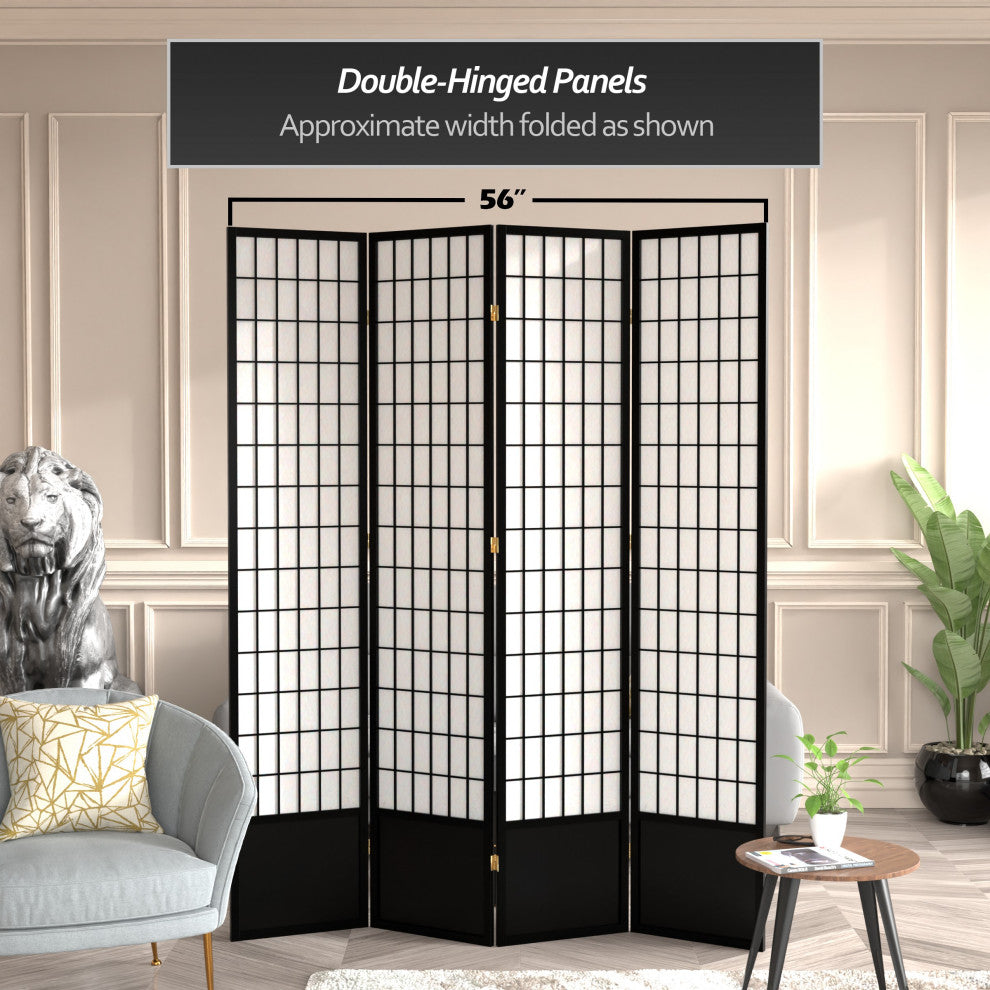 7' Tall Window Pane Shoji Screen, Black, 4 Panels
